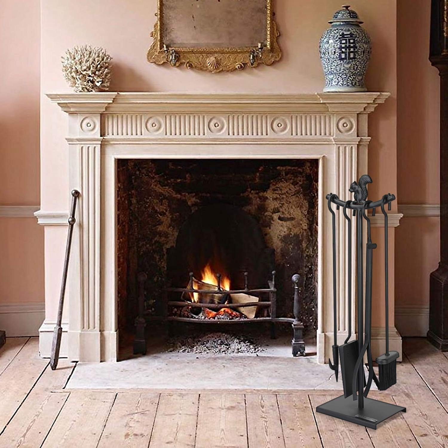 5 Pieces Fireplace Tools Sets Strength Wrought Iron Indoor Outdoor Fire Place Toolset Hearth Accessories Kit with Fireplace Brush, Fire Poker, Fireplace Shovel, Firewood Tong
