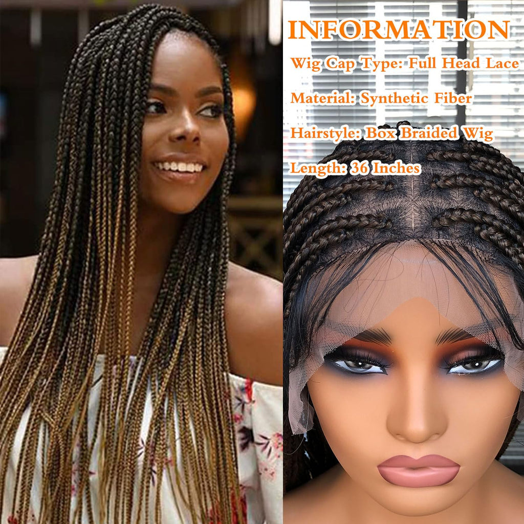 Runm 36" Full Double Lace Front Box Braided Wigs for Black Women Braids Lace Frontal Wig Synthetic Black Hand Braided Wigs with Baby Hair for Women(Ombre Blonde)