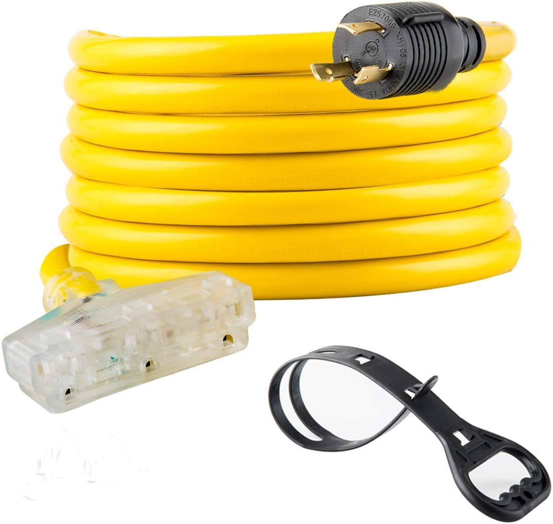 25 Feet Heavy Duty Generator Extension Cord,Generator Locking Cord,Nema L5-30P/Three 5-15R, 3 Prong 10 Gauge Flexible Generator Cable, Generator Power Cord,30Amp 3750 Watts