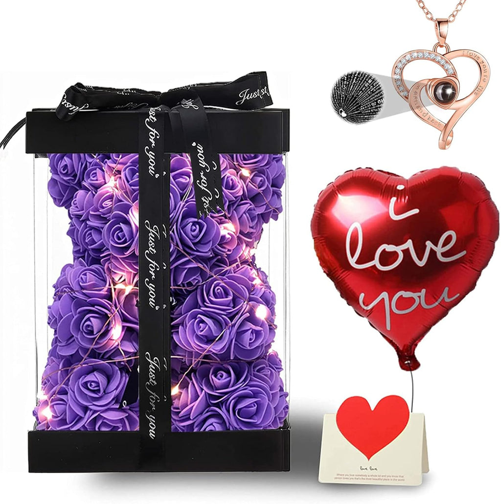 Purple Rose Bear Gifts for Valentines Day, Flower Bear Rose Teddy Bear with Box Lights Necklace Balloon Card, Cute Romantic I Love You Mothers Day Anniversary Birthday Gifts & Decorations