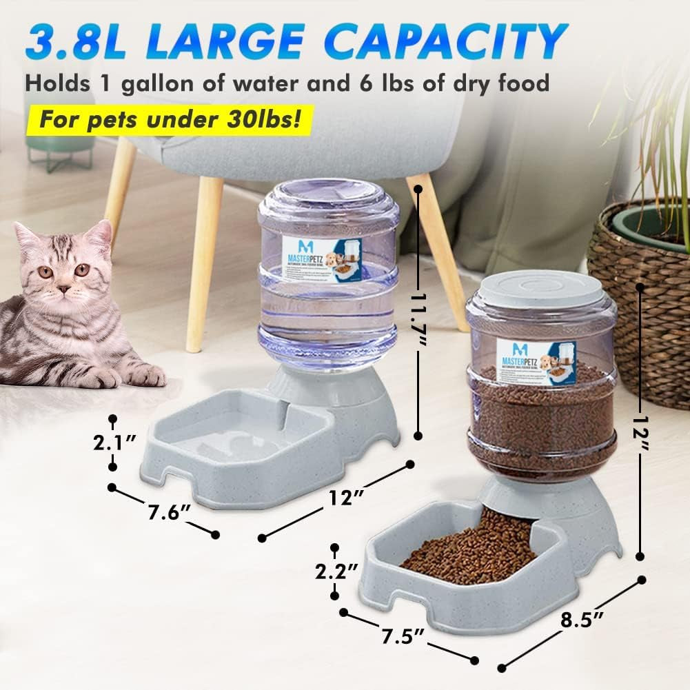Automatic Cat Feeder and Water Dispenser for Dogs, 1 Gallon X 2 Gravity Feed Water Bowl for Cats Max 30Lbs Self Filling Auto Pet Waterer Replenish Opening with Firm Lock