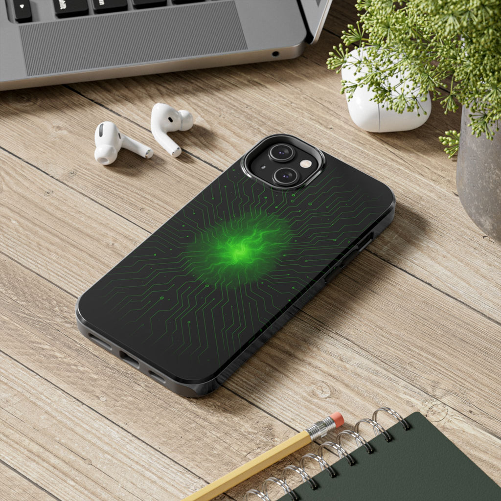Tough Phone Case — Neon Green Energy Circuit Design