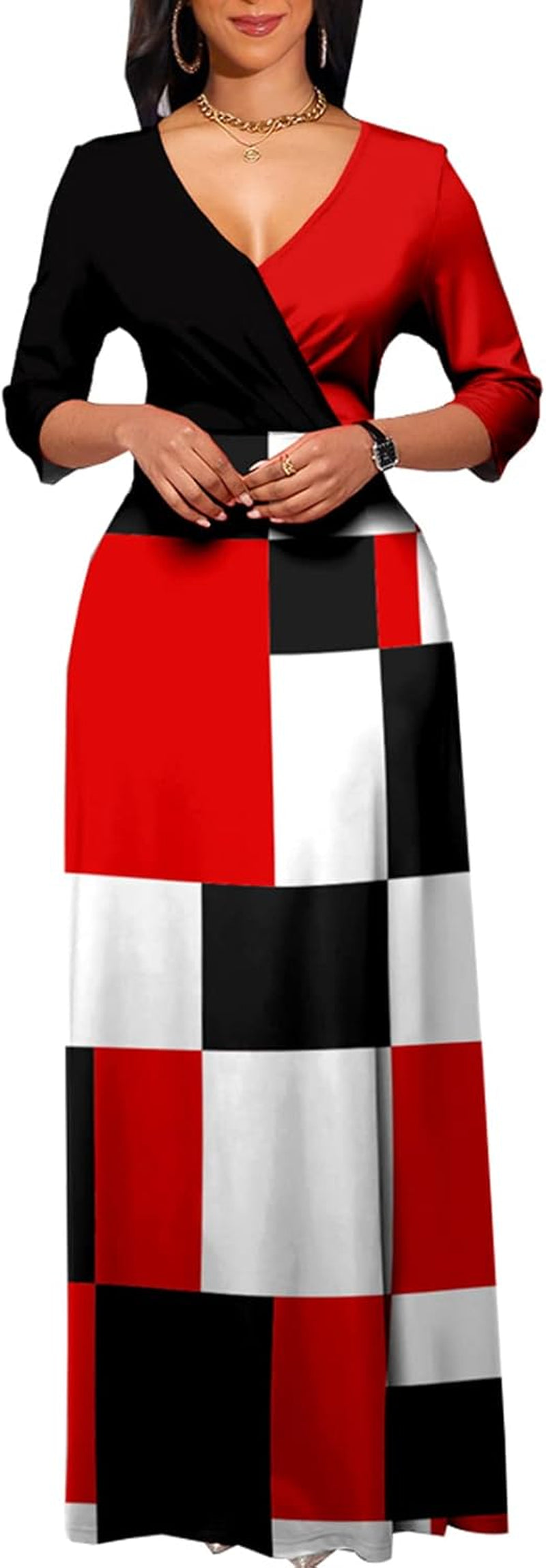 Dinyin Sexy Maxi Dresses for Women Casual plus Size 3/4 Sleeve V Neck Loose Party Prom Dress Ladies Outfits