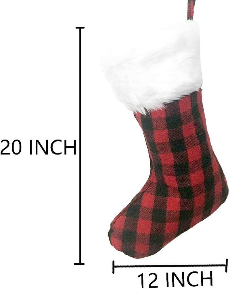 3 Pack 20 Inch Buffalo Plaid Christmas Stockings with Snowy White Faux Fur Hanging Ornaments Black Red Plaid Candy Gift Bags Decorations