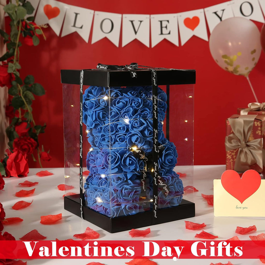 Blue Rose Bear Anniversary Flowers Gift for Her, Anniversary Rose Gifts for Wife Flower Bear, Rose Teddy Bear with Box Lights Necklace Balloon Card, Cute Romantic Love Gifts & Decorations