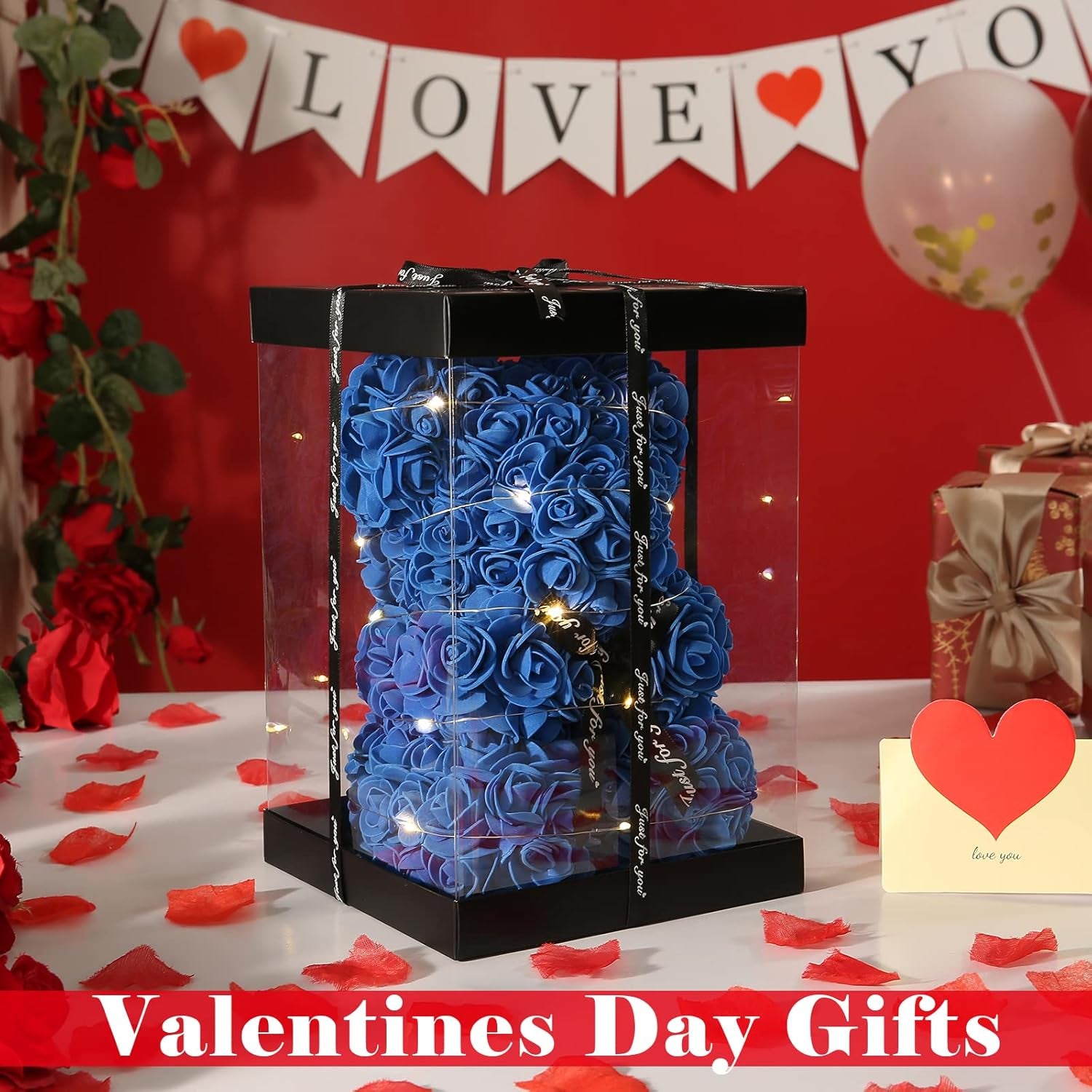 Blue Rose Bear Anniversary Flowers Gift for Her, Anniversary Rose Gifts for Wife Flower Bear, Rose Teddy Bear with Box Lights Necklace Balloon Card, Cute Romantic Love Gifts & Decorations