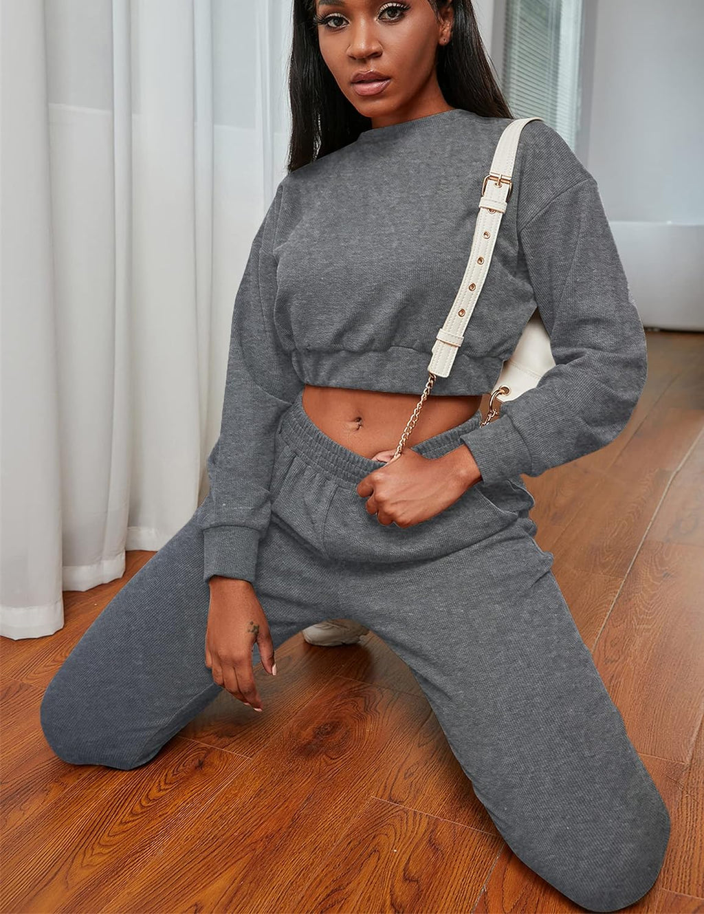 BORIFLORS Women'S Workout Track Suit 2 Piece Outfits Long Sleeve Sweatsuits Jogger Pants Set