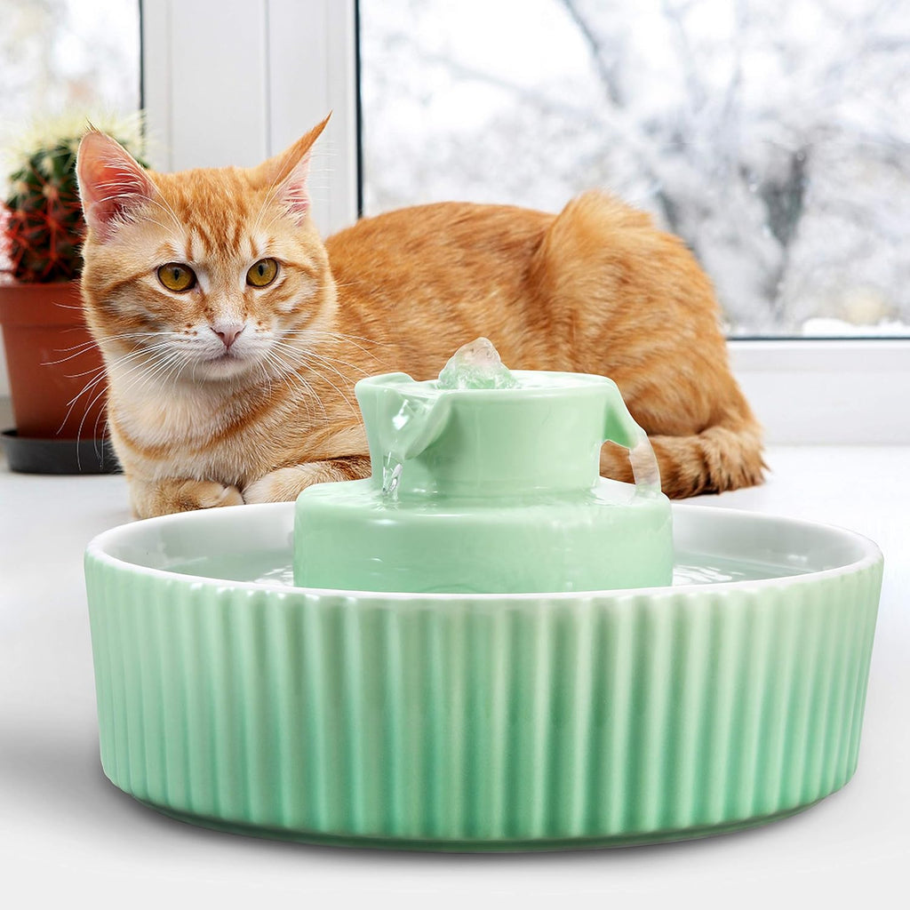 Ceramic Cat Water Fountain, 2.1L/71Oz Cupcake Cat Fountain for Dog and Cat Indoor, 2 Ultra Quiet Pumps (Green)