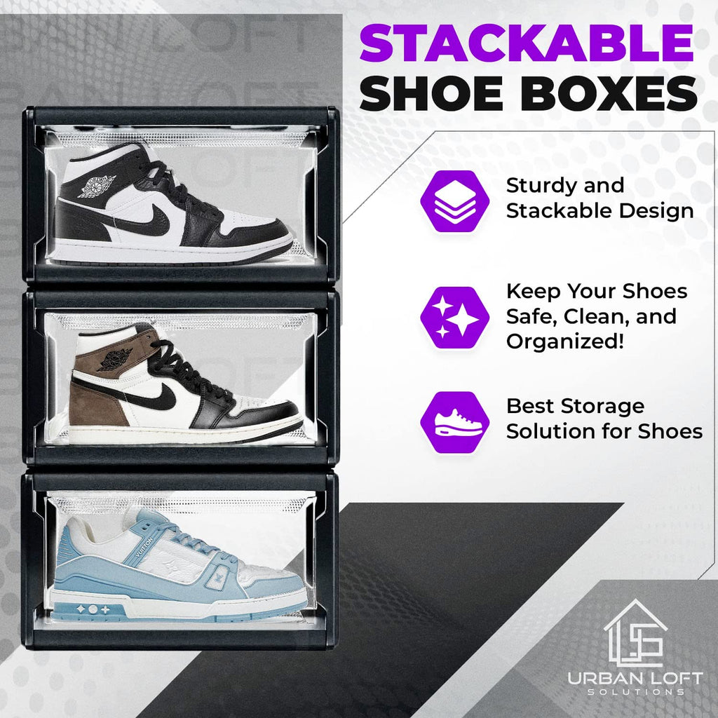 Urban Loft Premium Acrylic Shoe Boxes Stackable,Clear Shoe Organizer for Closet-Pack of 3| Large Sneaker Storage Box | Sneaker Clear Shoe Case for Sneakerheads with Drop Lid Shoe Display Case, Black