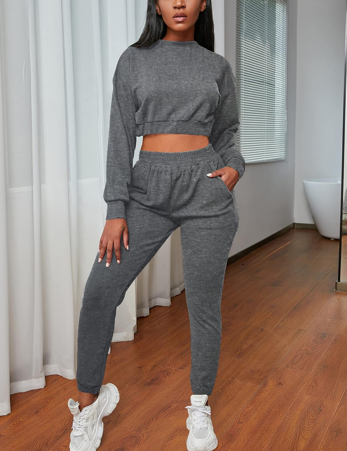 BORIFLORS Women'S Workout Track Suit 2 Piece Outfits Long Sleeve Sweatsuits Jogger Pants Set