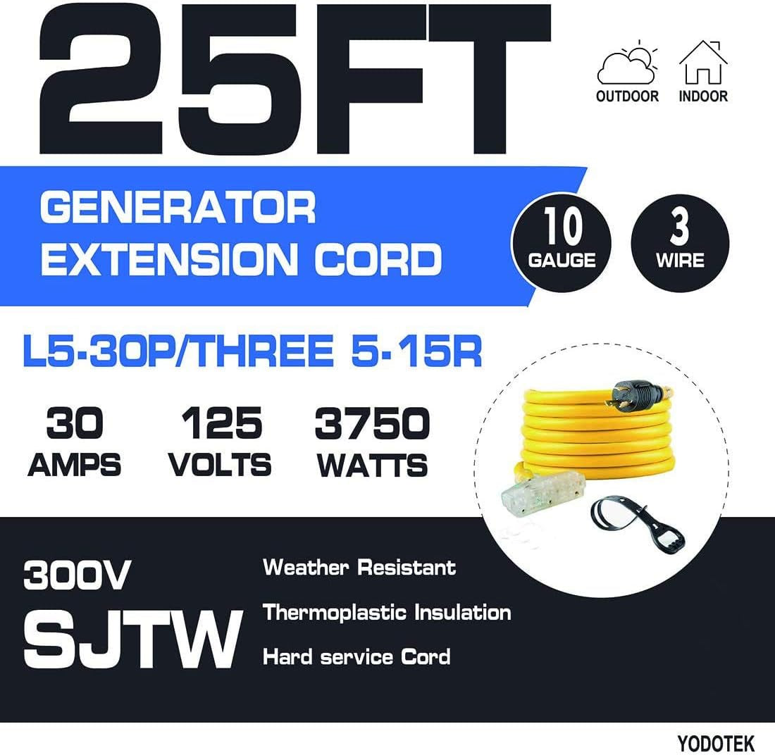 25 Feet Heavy Duty Generator Extension Cord,Generator Locking Cord,Nema L5-30P/Three 5-15R, 3 Prong 10 Gauge Flexible Generator Cable, Generator Power Cord,30Amp 3750 Watts