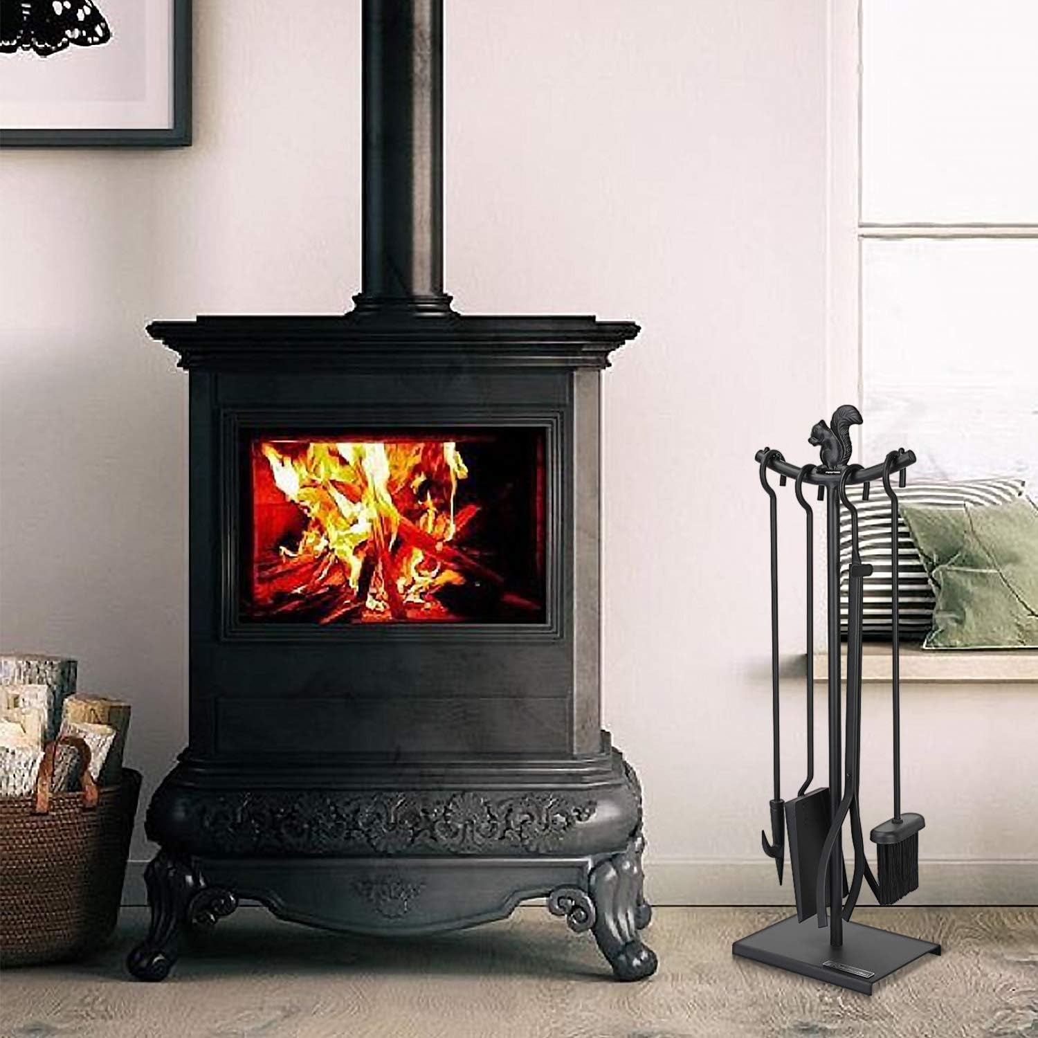 5 Pieces Fireplace Tools Sets Strength Wrought Iron Indoor Outdoor Fire Place Toolset Hearth Accessories Kit with Fireplace Brush, Fire Poker, Fireplace Shovel, Firewood Tong