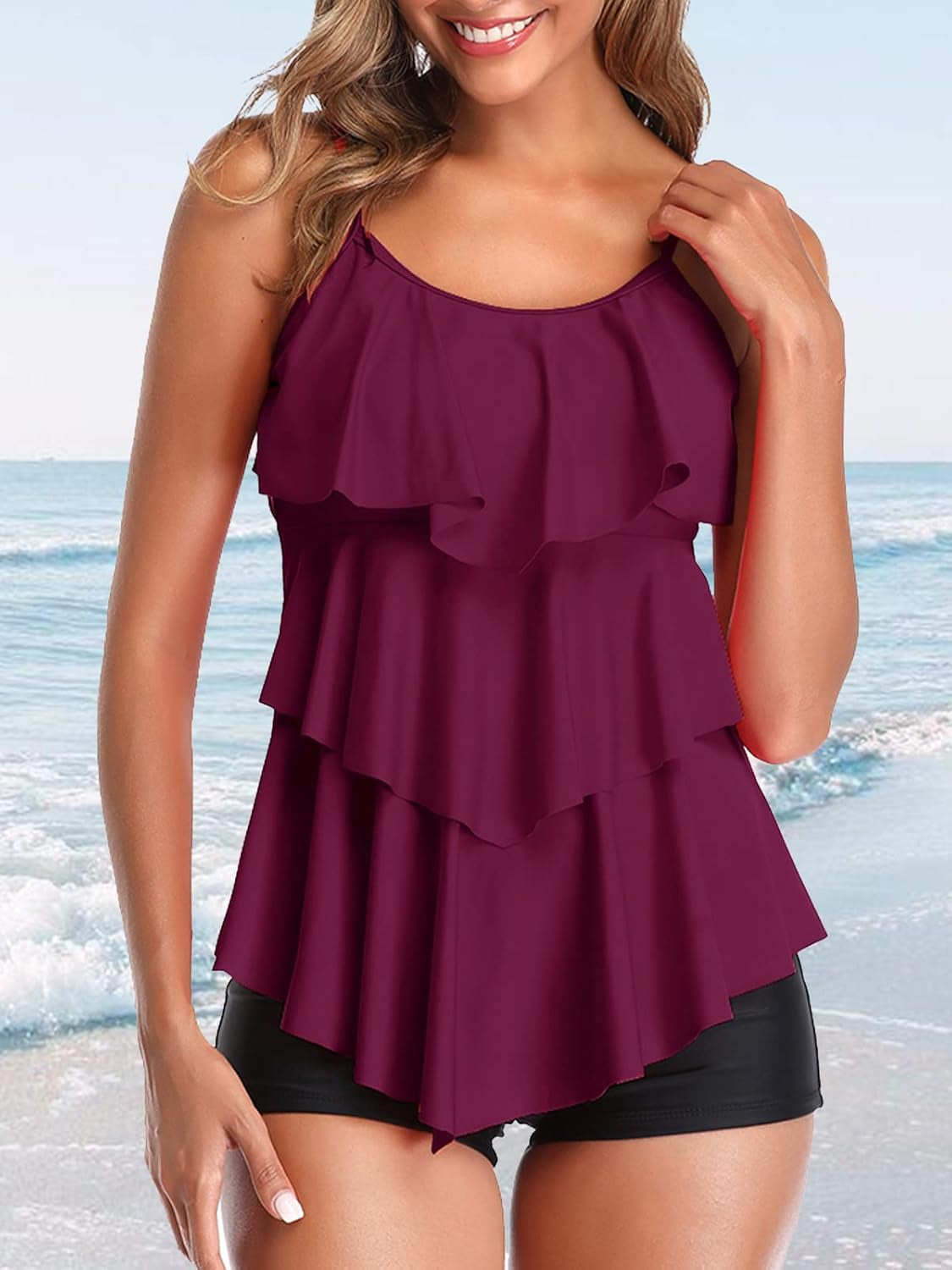 Women 2 Piece Flounce Sunflower Printed Top with Boyshorts Tankini Swimsuits Purple L