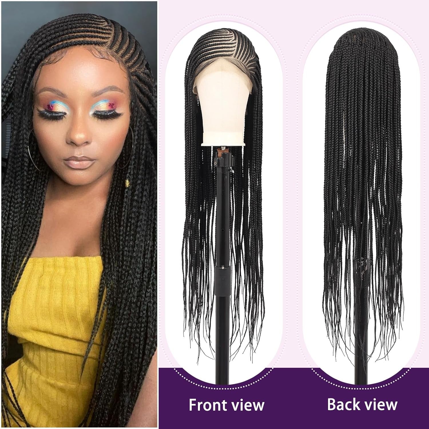 13X8 HD Lace Front Cornrow Braided Wigs Leomonde Box Braid Wig with Baby Hair 36 Inch Long Black Braided Hair Wig for Women