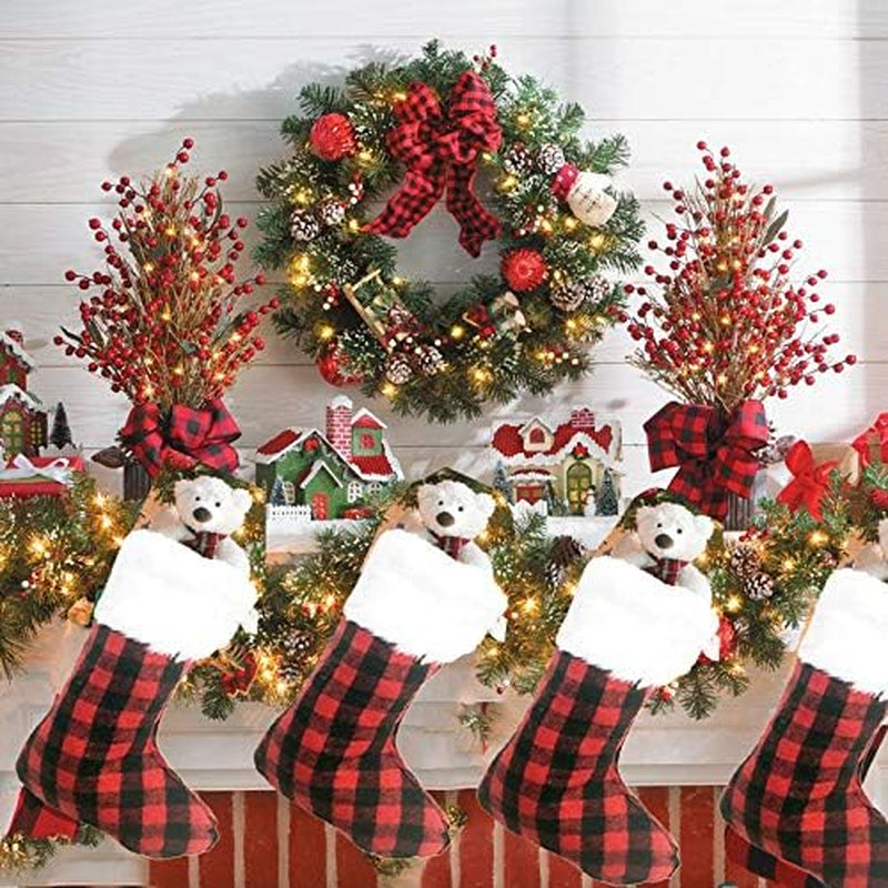 3 Pack 20 Inch Buffalo Plaid Christmas Stockings with Snowy White Faux Fur Hanging Ornaments Black Red Plaid Candy Gift Bags Decorations