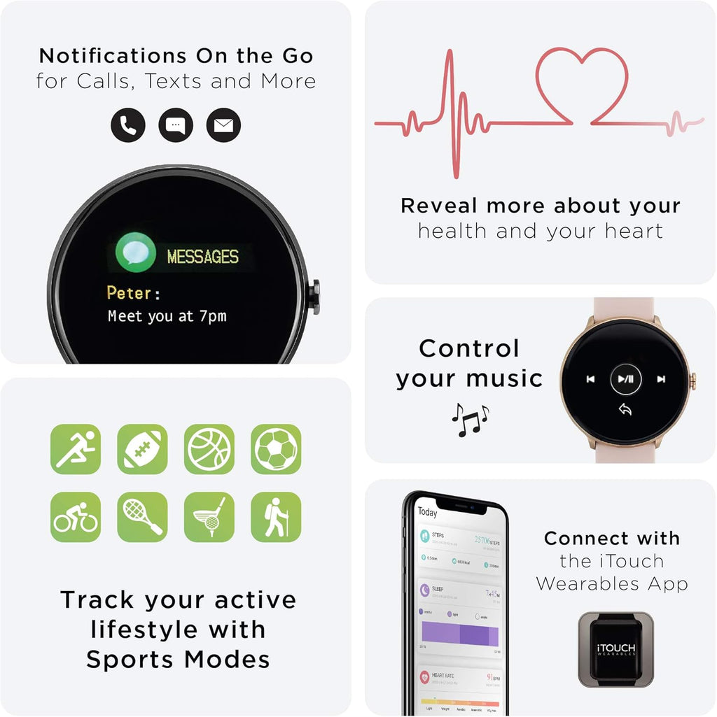 Sport Smartwatch Fitness Tracker Heart Rate Step Counter Sleep Monitor Messages IP68 Swimming Waterproof for Women and Men up to 30 Day Battery Touch Screen Compatible W Android & Ios (43Mm)