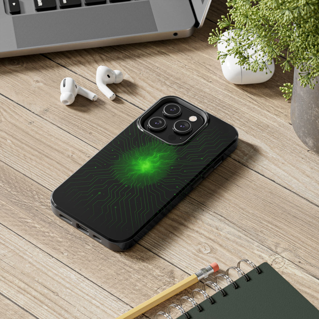Tough Phone Case — Neon Green Energy Circuit Design