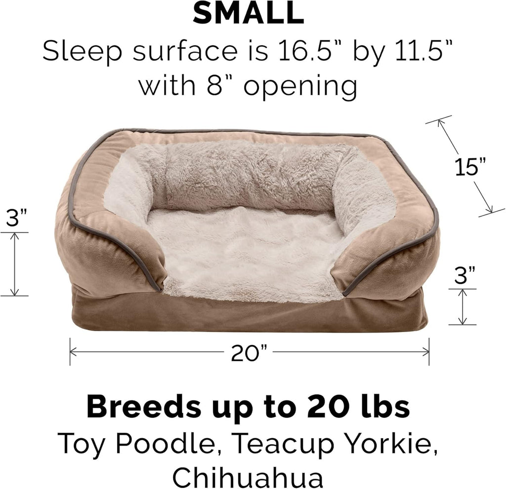Memory Foam Dog Bed for Small Dogs W/ Removable Bolsters & Washable Cover, for Dogs up to 20 Lbs - Plush & Velvet Waves Perfect Comfort Sofa - Brownstone, Small