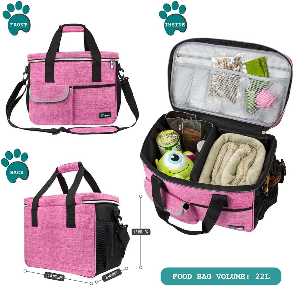 Dog Travel Bag, Travel Pet Bag Organizer, Dog Food Travel Bag with Food Container and Bowls, Dog Travel Supplies Gift Accessories for Weekend Camping, Dog Cat Diaper Bag (Pink, Medium)