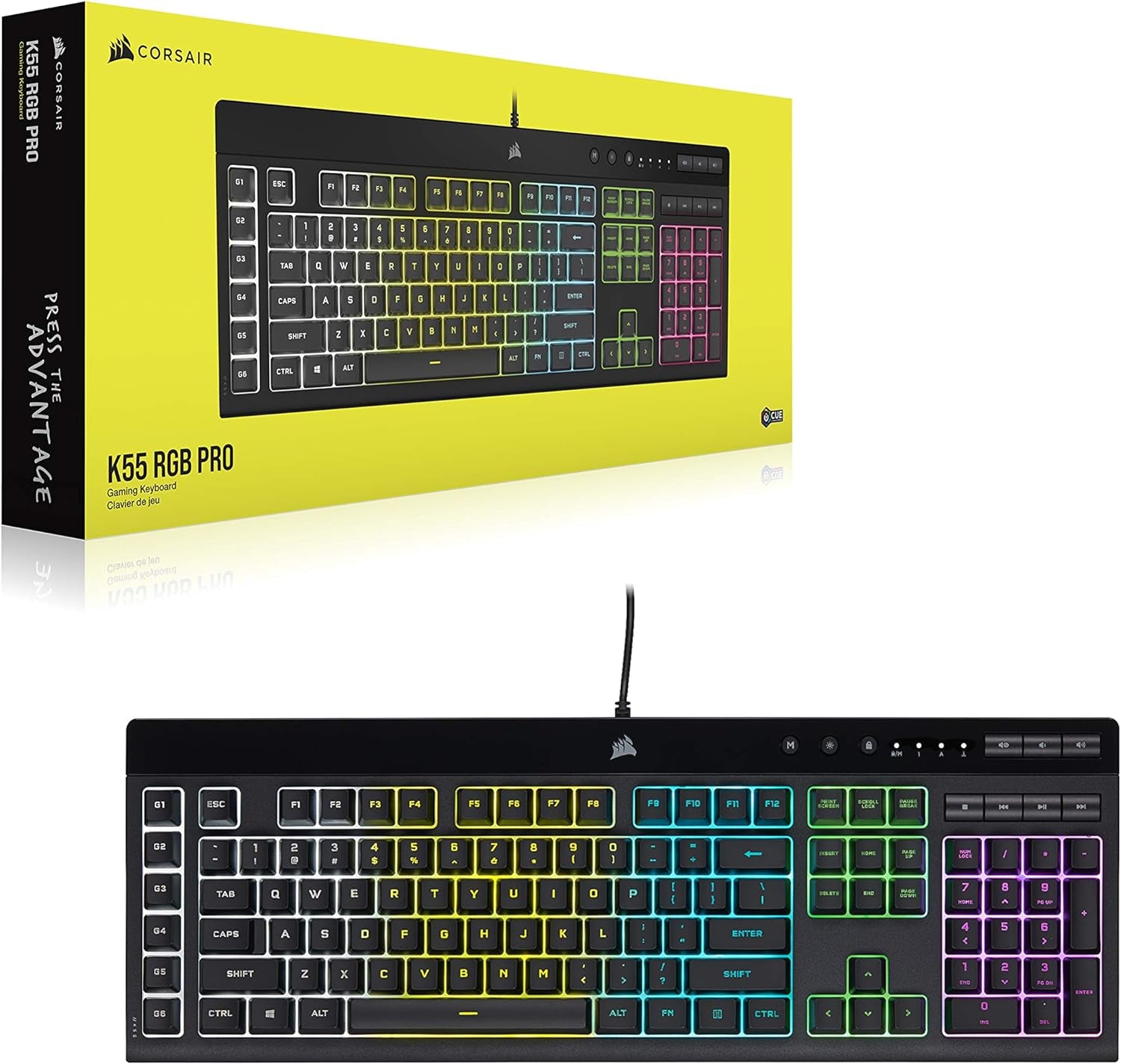 K55 RGB PRO - Dynamic RGB Backlighting - Six Macro Keys with Elgato Stream Deck Software Integration - IP42 Dust and Spill Resistant - Detachable Palm Rest - Dedicated Media and Volume Keys