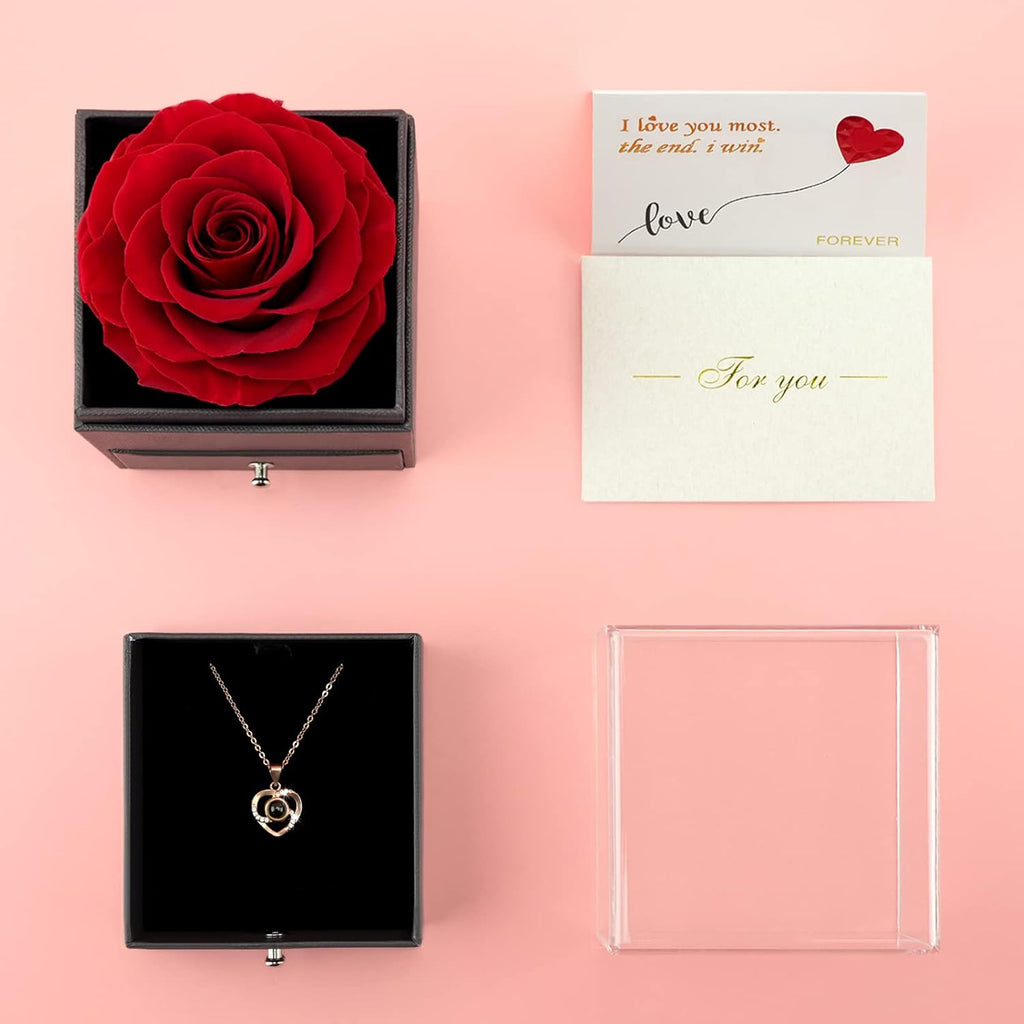 Preserved Real Rose Handmade Eternal Rose with Love You Necklace 100 Languages Gifts for Valentines Day Anniversary Wedding Romantic Gifts for Her