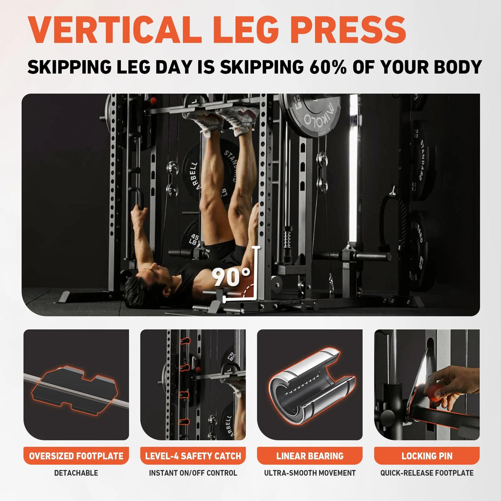 Smith Machine, All-In-One Power Rack Cage with Vertical Leg Press, 2000LBS Power Cage Squat Rack with Smith Bar, Dual Pulley Cable Crossover System for Home Gym with Weight Bench