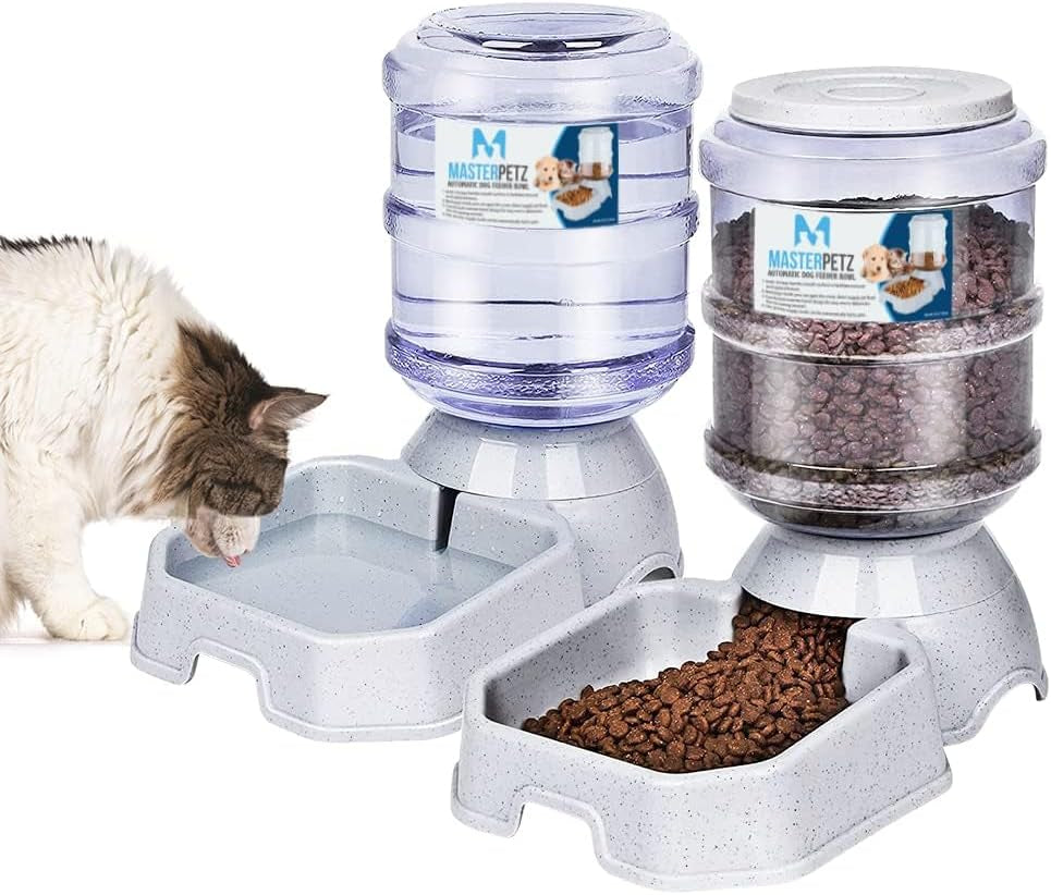 Automatic Cat Feeder and Water Dispenser for Dogs, 1 Gallon X 2 Gravity Feed Water Bowl for Cats Max 30Lbs Self Filling Auto Pet Waterer Replenish Opening with Firm Lock