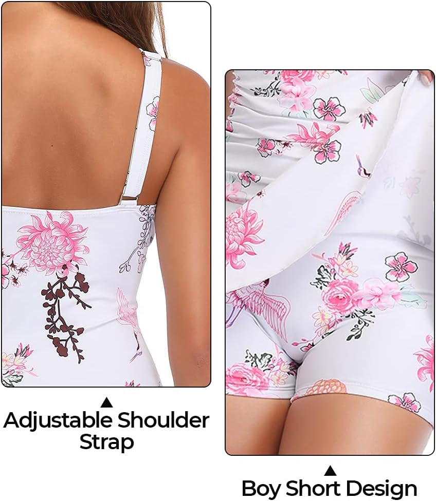 Women'S plus Size Floral Swimdress Tummy Control One Piece Swimsuit White Flower Xx-Large