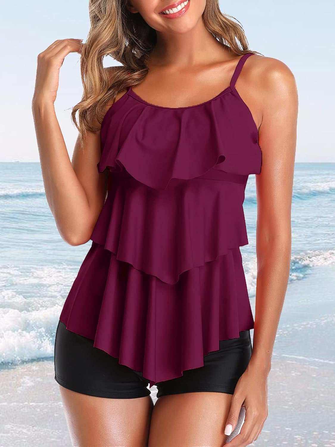 Women 2 Piece Flounce Sunflower Printed Top with Boyshorts Tankini Swimsuits Purple L