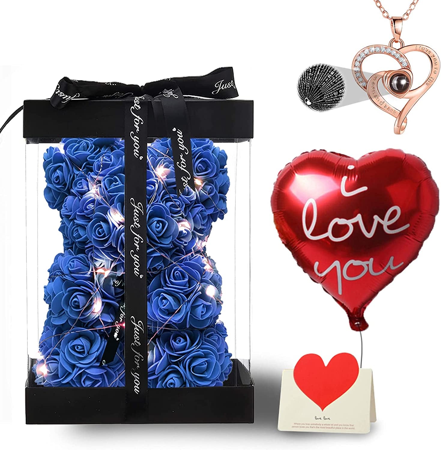 Blue Rose Bear Anniversary Flowers Gift for Her, Anniversary Rose Gifts for Wife Flower Bear, Rose Teddy Bear with Box Lights Necklace Balloon Card, Cute Romantic Love Gifts & Decorations