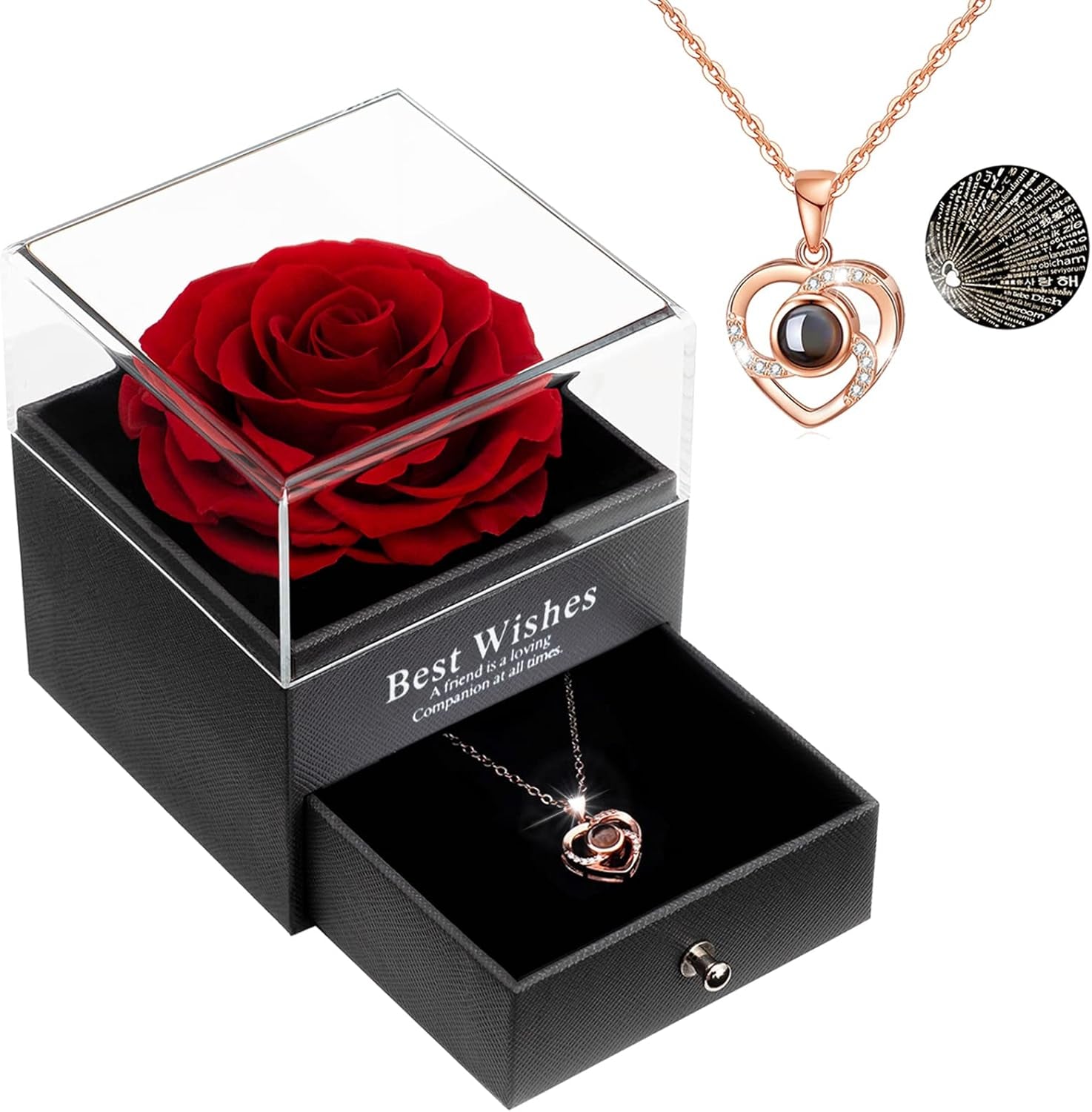 Preserved Real Rose Handmade Eternal Rose with Love You Necklace 100 Languages Gifts for Valentines Day Anniversary Wedding Romantic Gifts for Her