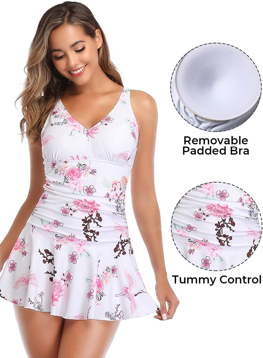 Women'S plus Size Floral Swimdress Tummy Control One Piece Swimsuit White Flower Xx-Large