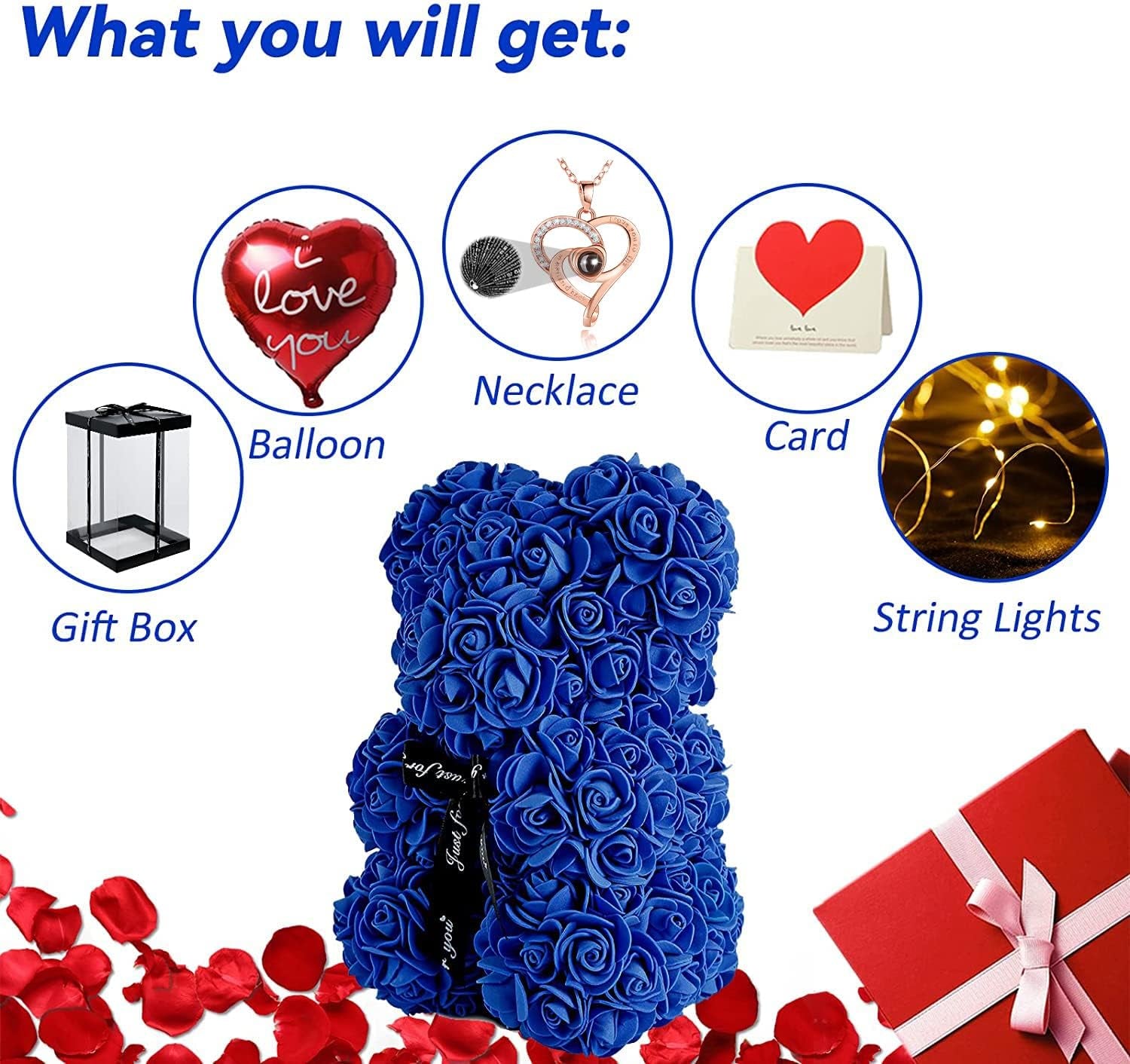 Blue Rose Bear Anniversary Flowers Gift for Her, Anniversary Rose Gifts for Wife Flower Bear, Rose Teddy Bear with Box Lights Necklace Balloon Card, Cute Romantic Love Gifts & Decorations