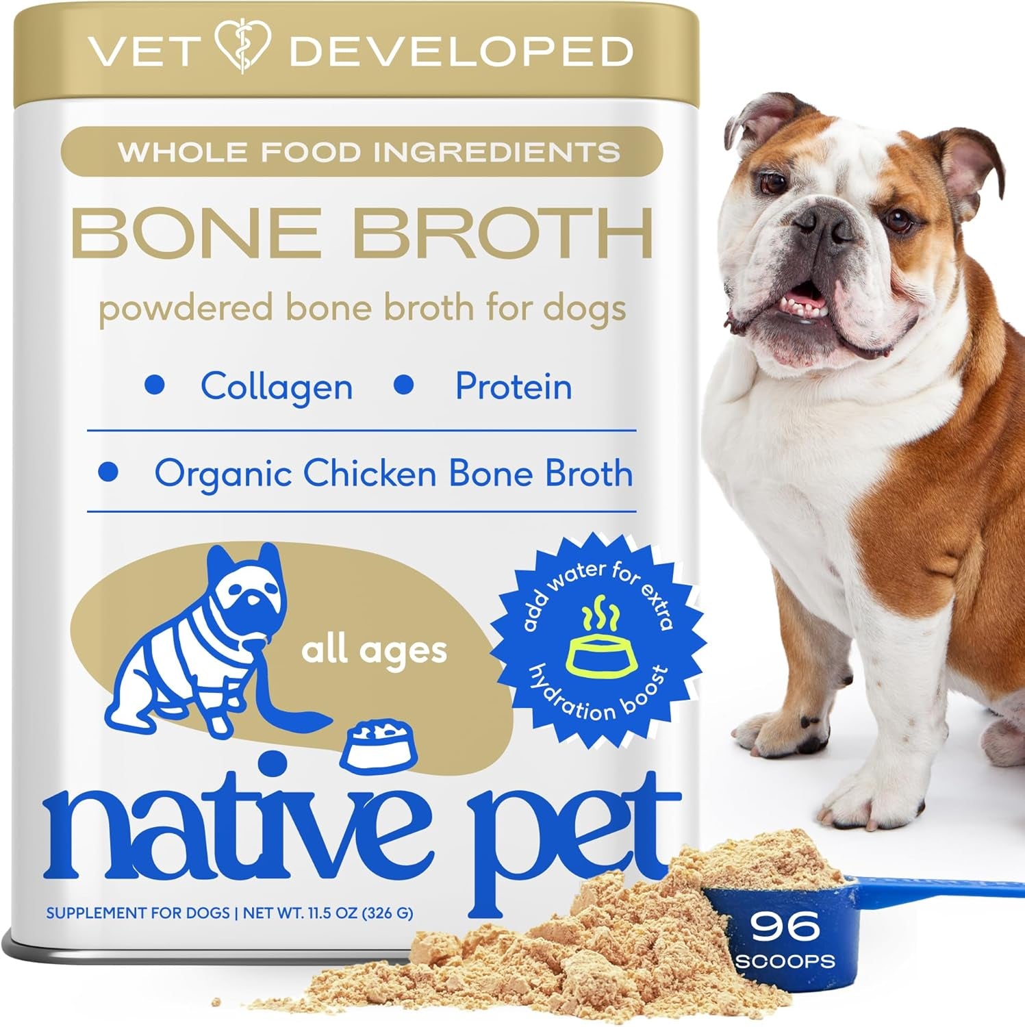 Bone Broth for Dogs and Cats - Chicken Bone Broth Powder Dog Food Toppers for Picky Eaters - Provides Extra Nutrition for Joint Strength, Immune Support & Heart Health - 96 Scoops