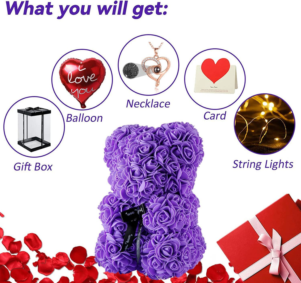Purple Rose Bear Gifts for Valentines Day, Flower Bear Rose Teddy Bear with Box Lights Necklace Balloon Card, Cute Romantic I Love You Mothers Day Anniversary Birthday Gifts & Decorations