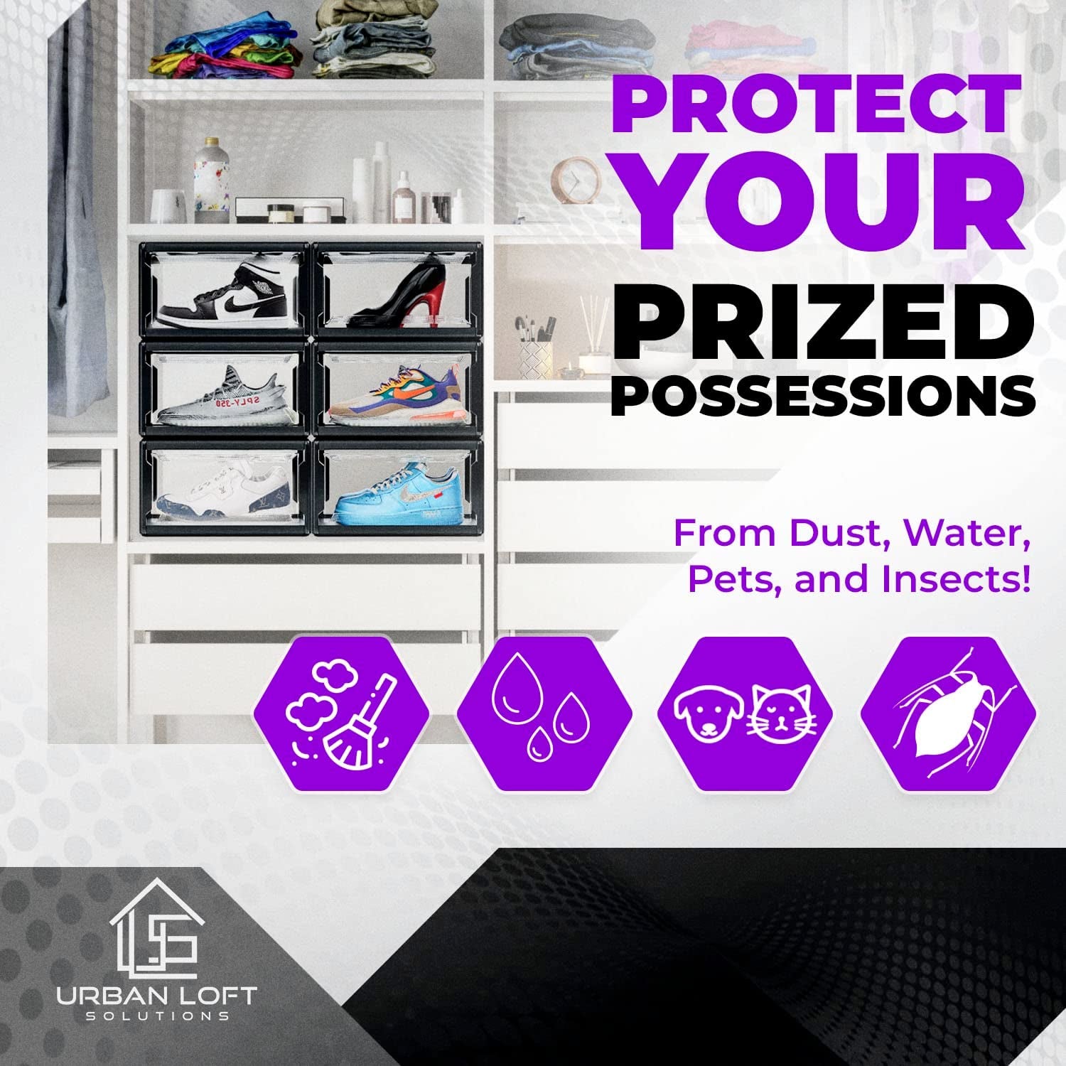 Urban Loft Premium Acrylic Shoe Boxes Stackable,Clear Shoe Organizer for Closet-Pack of 3| Large Sneaker Storage Box | Sneaker Clear Shoe Case for Sneakerheads with Drop Lid Shoe Display Case, Black