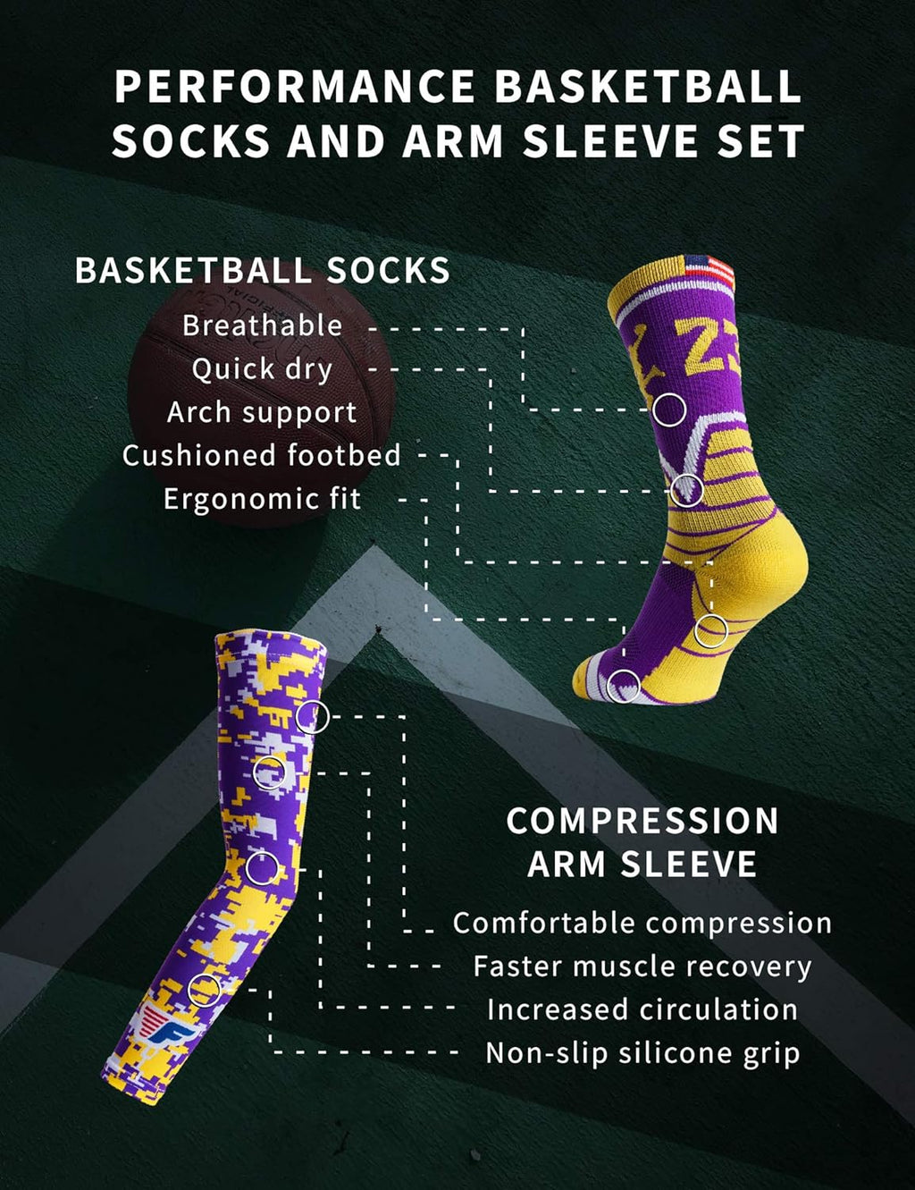 Basketball Socks for Men & Boys Crew Socks with Basketball Arm Sleeve - Made in USA