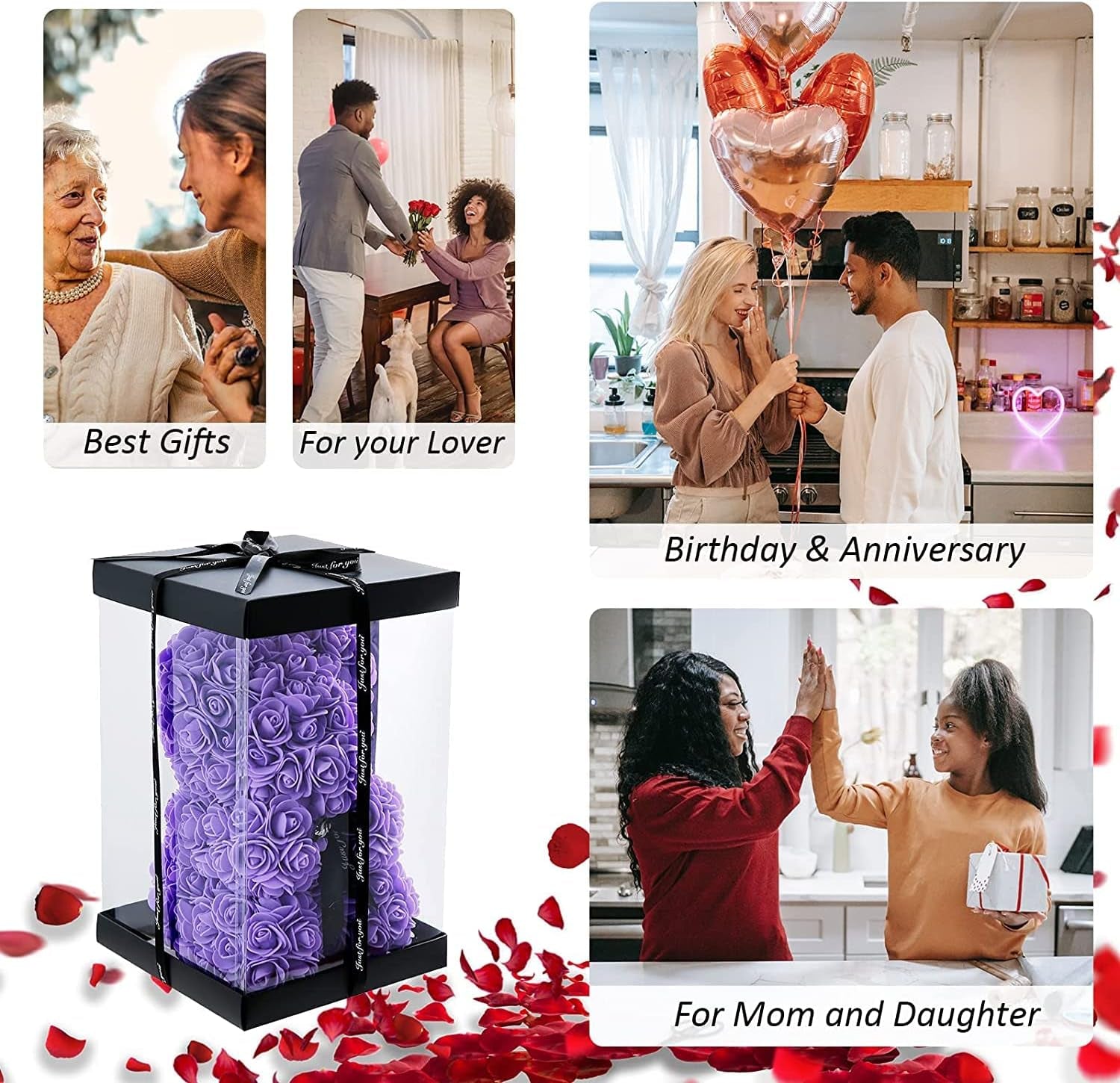 Purple Rose Bear Gifts for Valentines Day, Flower Bear Rose Teddy Bear with Box Lights Necklace Balloon Card, Cute Romantic I Love You Mothers Day Anniversary Birthday Gifts & Decorations