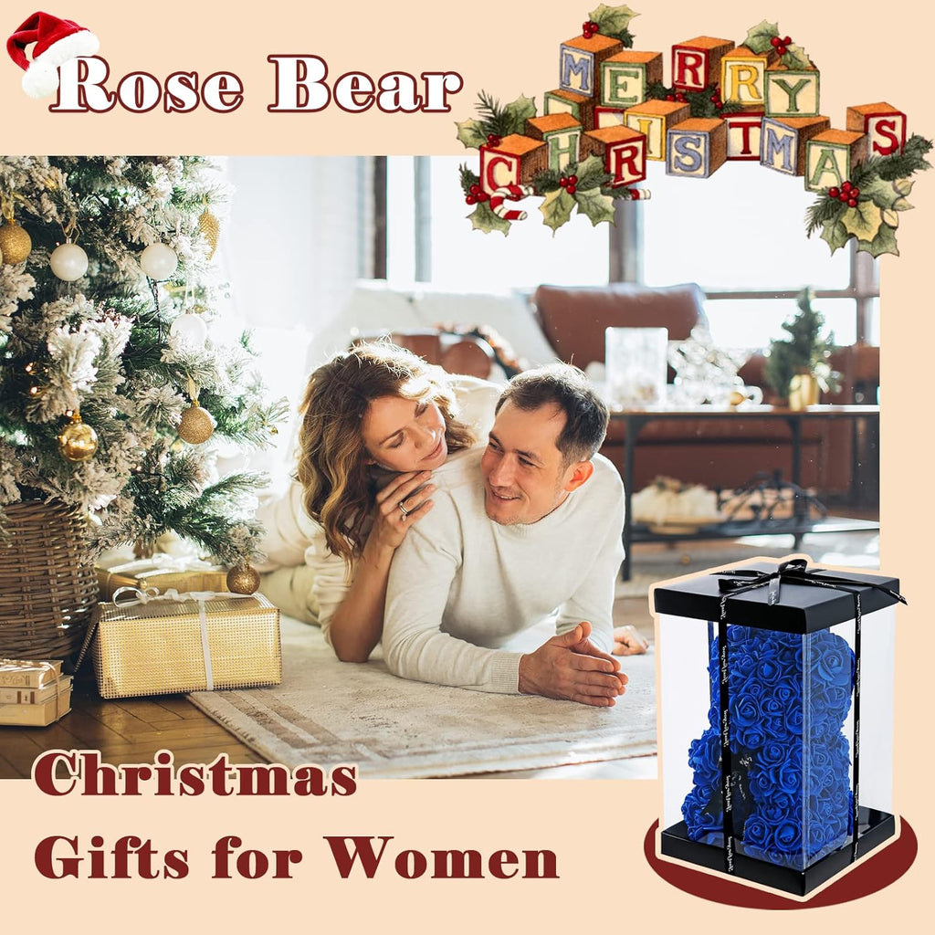 Blue Rose Bear Anniversary Flowers Gift for Her, Anniversary Rose Gifts for Wife Flower Bear, Rose Teddy Bear with Box Lights Necklace Balloon Card, Cute Romantic Love Gifts & Decorations