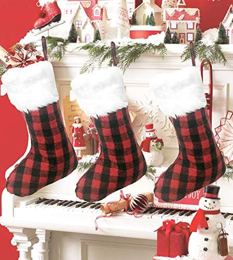 3 Pack 20 Inch Buffalo Plaid Christmas Stockings with Snowy White Faux Fur Hanging Ornaments Black Red Plaid Candy Gift Bags Decorations