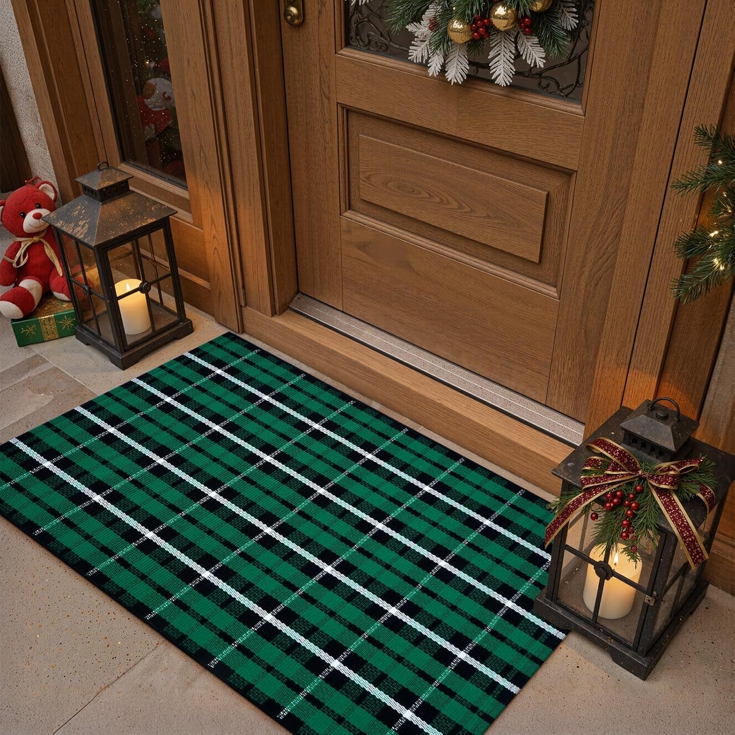 Christmas Outdoor Rug 2X3, Buffalo Plaid Green and Black Checkered Entryway Rug, Washable Front Porch Door Mat Layered Doormat, Small Rug for Bathroom Xmas Holiday Decor