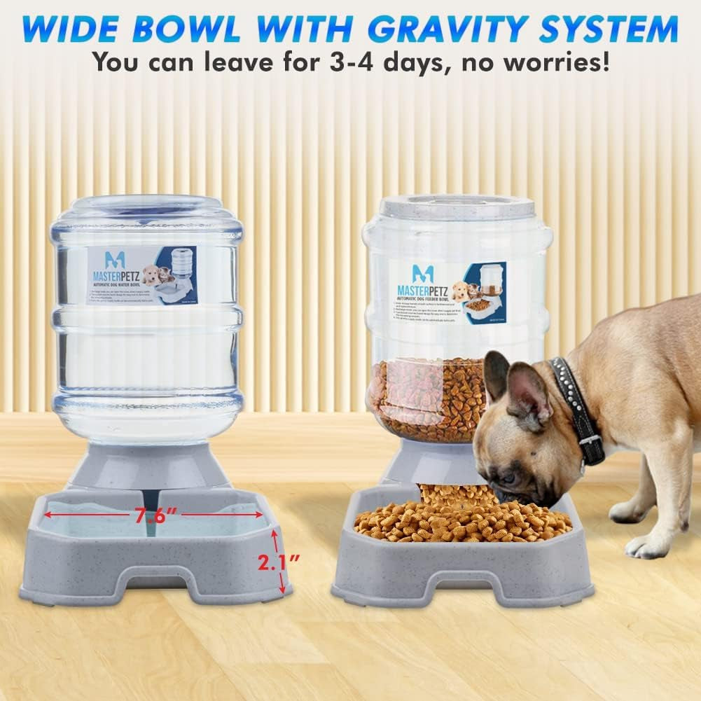 Automatic Cat Feeder and Water Dispenser for Dogs, 1 Gallon X 2 Gravity Feed Water Bowl for Cats Max 30Lbs Self Filling Auto Pet Waterer Replenish Opening with Firm Lock