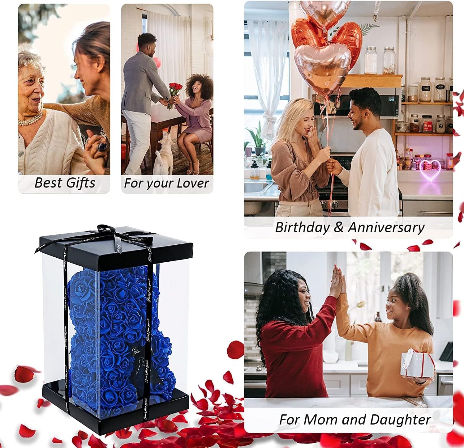 Blue Rose Bear Anniversary Flowers Gift for Her, Anniversary Rose Gifts for Wife Flower Bear, Rose Teddy Bear with Box Lights Necklace Balloon Card, Cute Romantic Love Gifts & Decorations