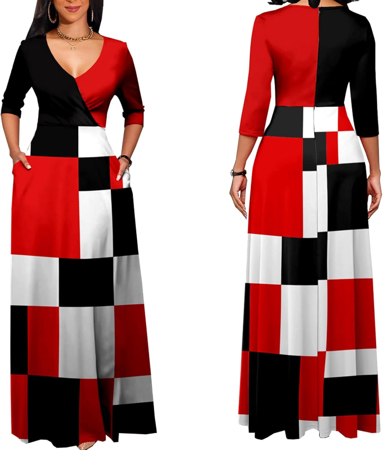 Dinyin Sexy Maxi Dresses for Women Casual plus Size 3/4 Sleeve V Neck Loose Party Prom Dress Ladies Outfits