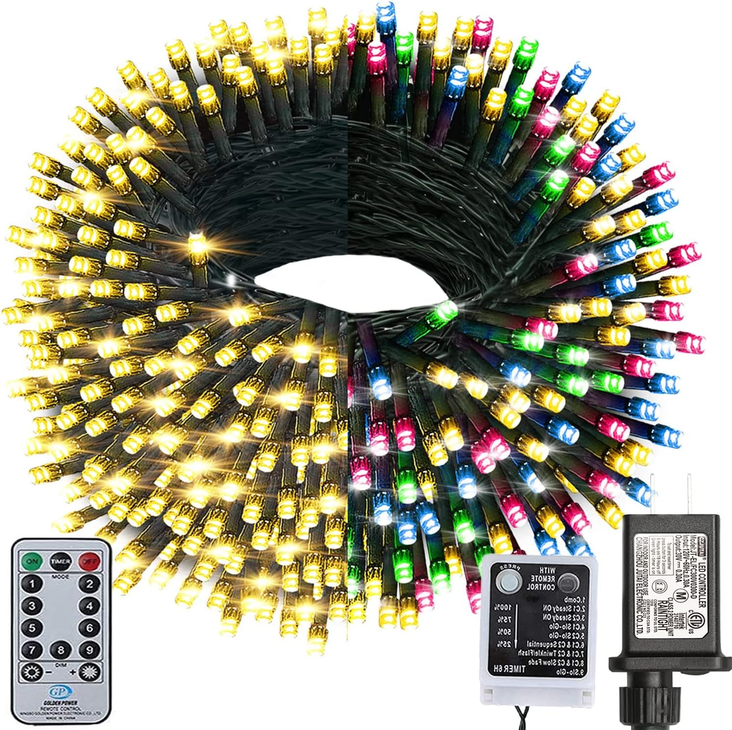 Haili Christmas Lights Outdoor,105Ft 300 LED Color Changing Lights with Timer Remote, UL Certified 9 Lighting Modes for House Christmas Tree Halloween, Garden, Party, Wedding Decoration